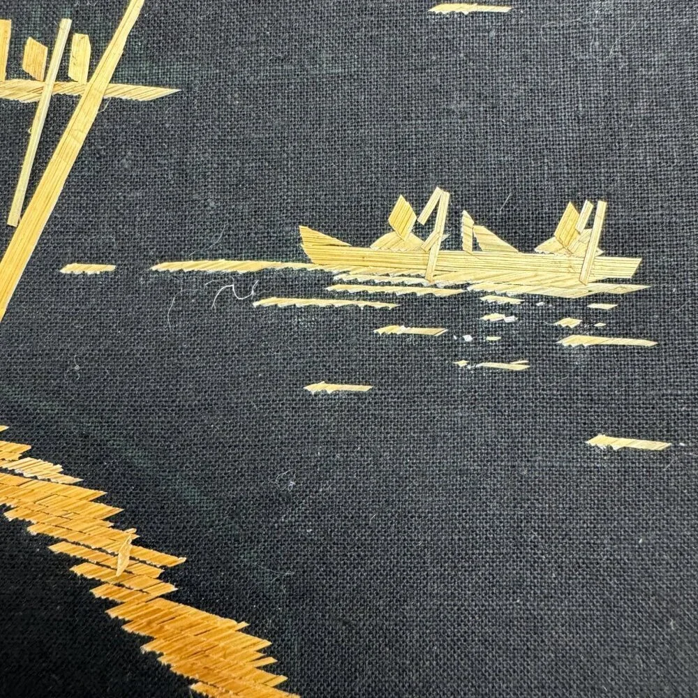 Vintage Wall Art Asian Scene Straw on Black Velvet Handmade
